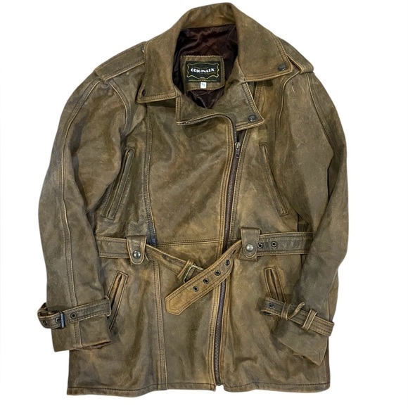 Leather Jacket Beige Brown Vintage Lined Large Belted Soft Motorcycle - Picture 9 of 9